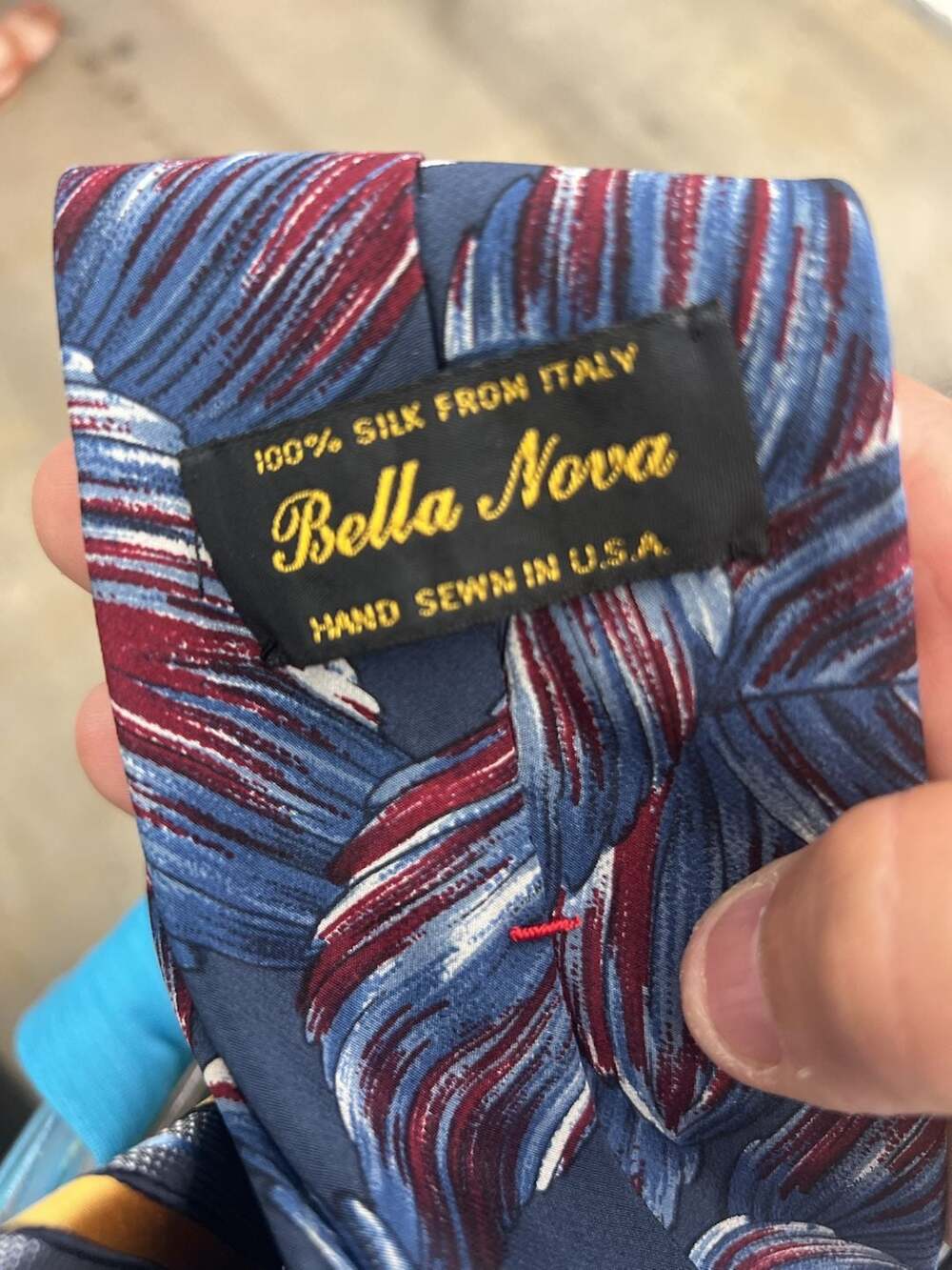 Bella Nova Men's 100% Silk Necktie with Blue and Red Botanical Leaf Print